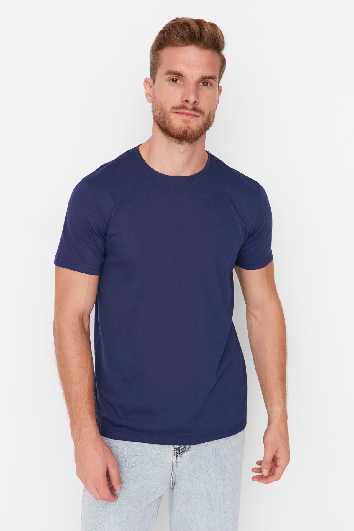Navy Blue Men'S Basic Regular/Normal Fit Crew Neck Short Sleeved T-Shirt