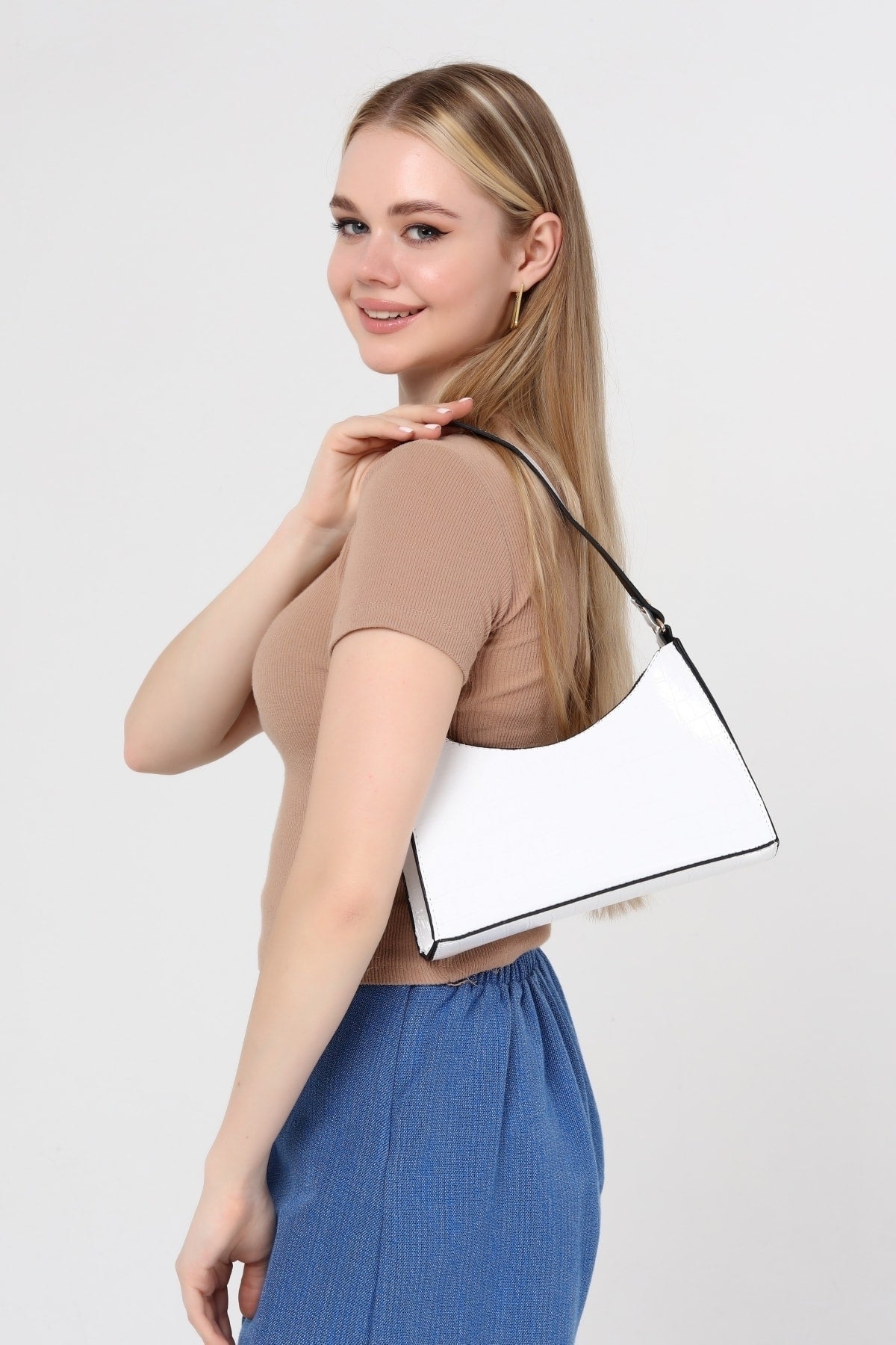 White Crocodile Patterned Baguette Baguette Hand And Shoulder Bag Gc009001K