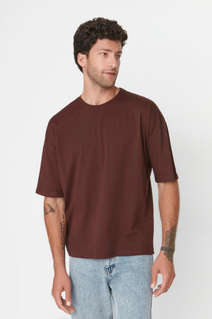 Brown Men'S Basic 100% Cotton Crew Neck Oversize Short Sleeved T-Shirt