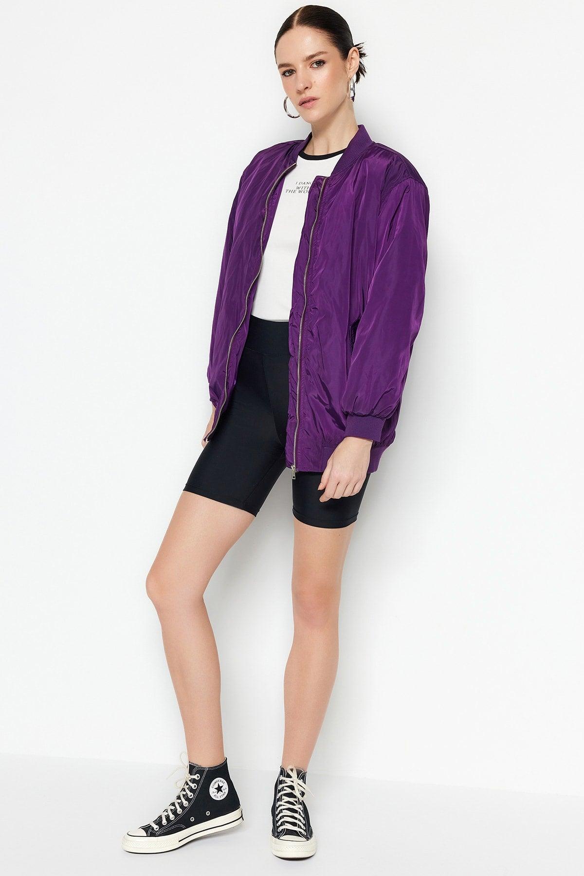 Purple Oversize Sleeves Pleated Bomber Coat TWOSS23MO00048 - Swordslife