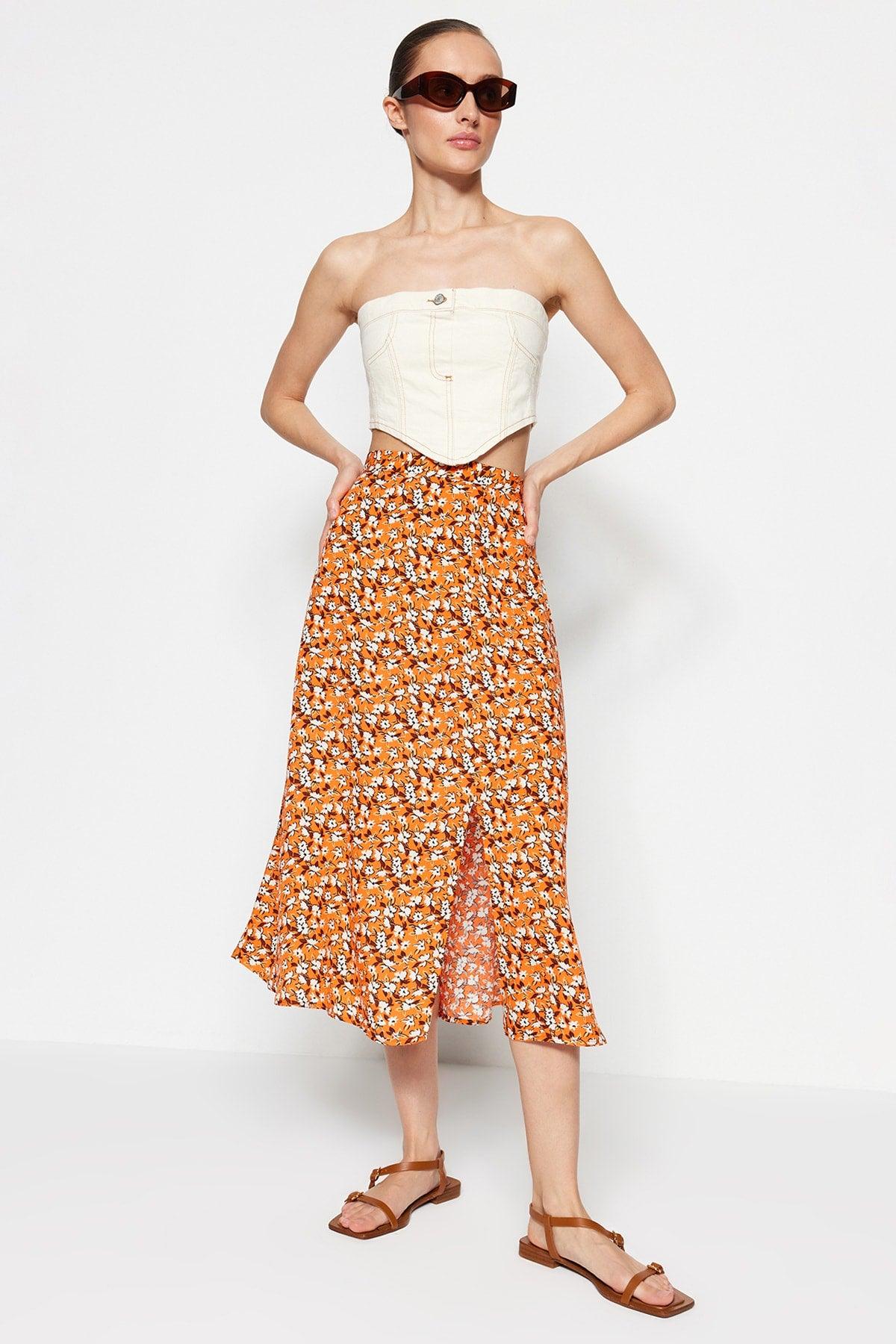 Orange Midi Woven Slit Detailed Viscose Fabric Floral Patterned Skirt TWOSS20ET0230 - Swordslife