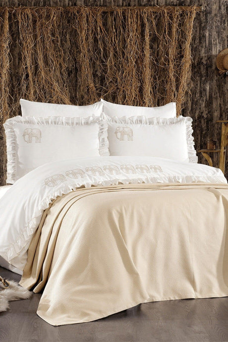 7-Piece Elephant Patterned Amazonian Double Cotton Beige Duvet Cover Set With Frills And Pique Bedspread - Swordslife