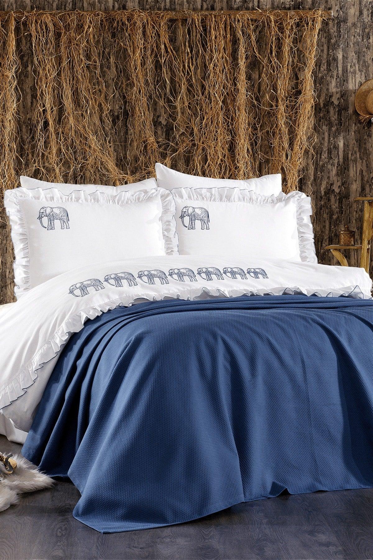 7 Piece Elephant Patterned Amazonian Double Cotton Blue Duvet Cover Set With Frills And Pique Bedspread - Swordslife