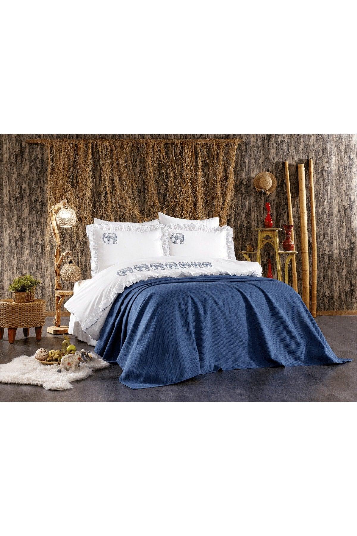 7 Piece Elephant Patterned Amazonian Double Cotton Blue Duvet Cover Set With Frills And Pique Bedspread - Swordslife