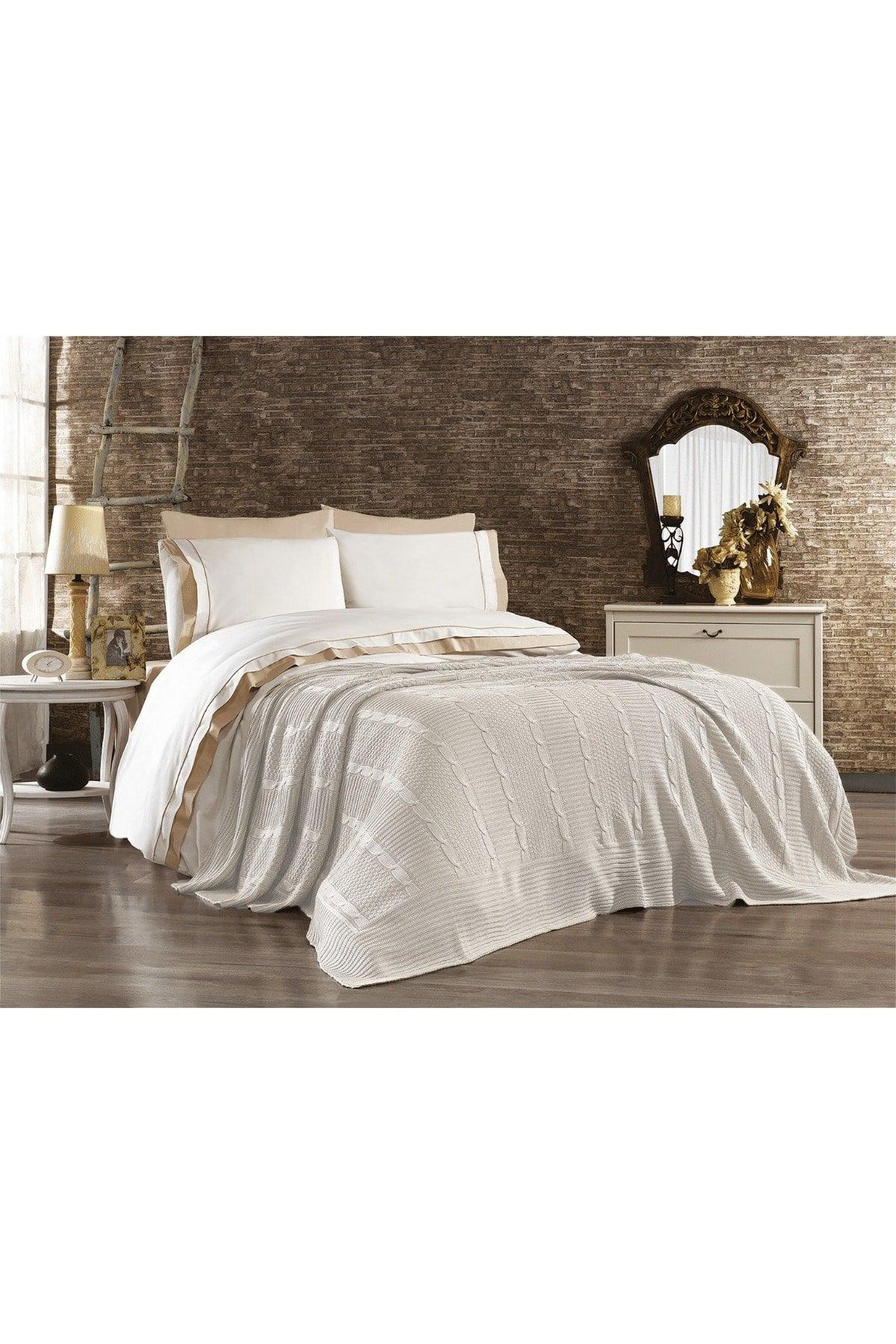 7 Piece Cotton Knitwear Blanket Ahzen Double Duvet Cover Set Cream - Swordslife