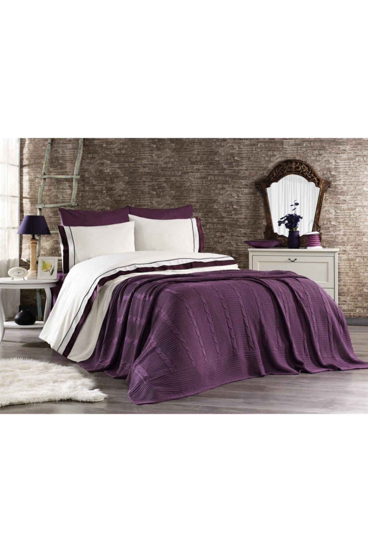 7 Pieces Cotton Knitwear Blanket Ahzen Double Duvet Cover Set Purple - Swordslife