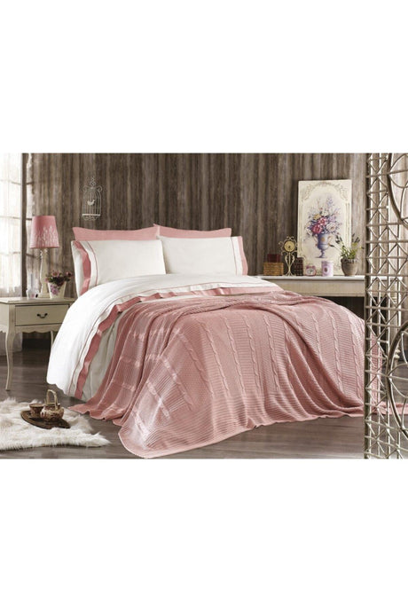 7 Pieces Cotton Knitwear Blanket Ahzen Double Duvet Cover Set Pink - Swordslife