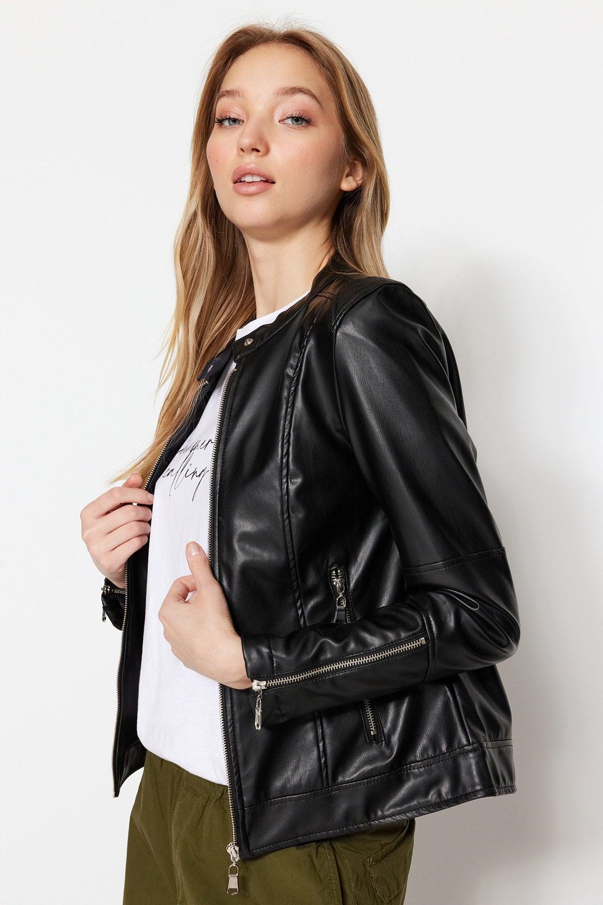 Black Faux Leather Biker Jacket Coat TWOAW23MO00372 - Swordslife