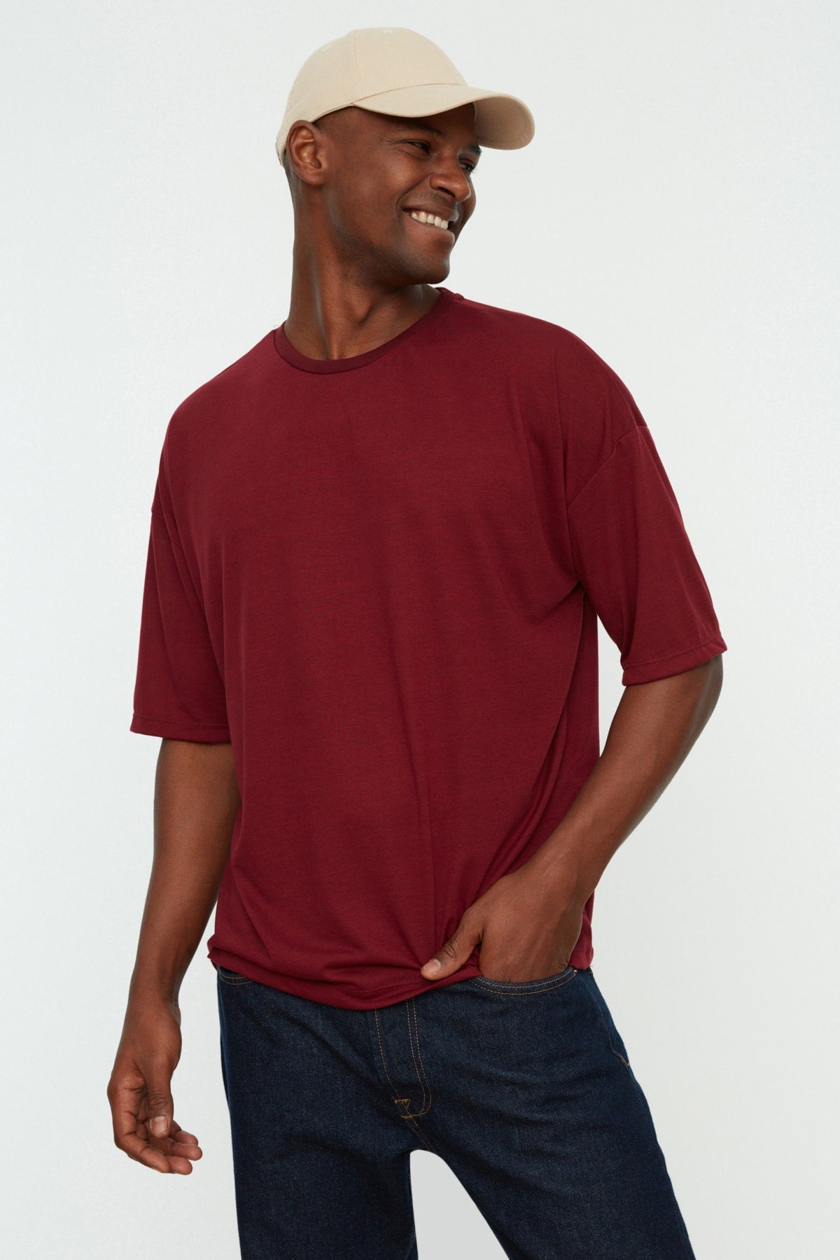 Claret Red Men's Basic Crew Neck Oversize Short Sleeve T-Shirt TMNSS22TS0300