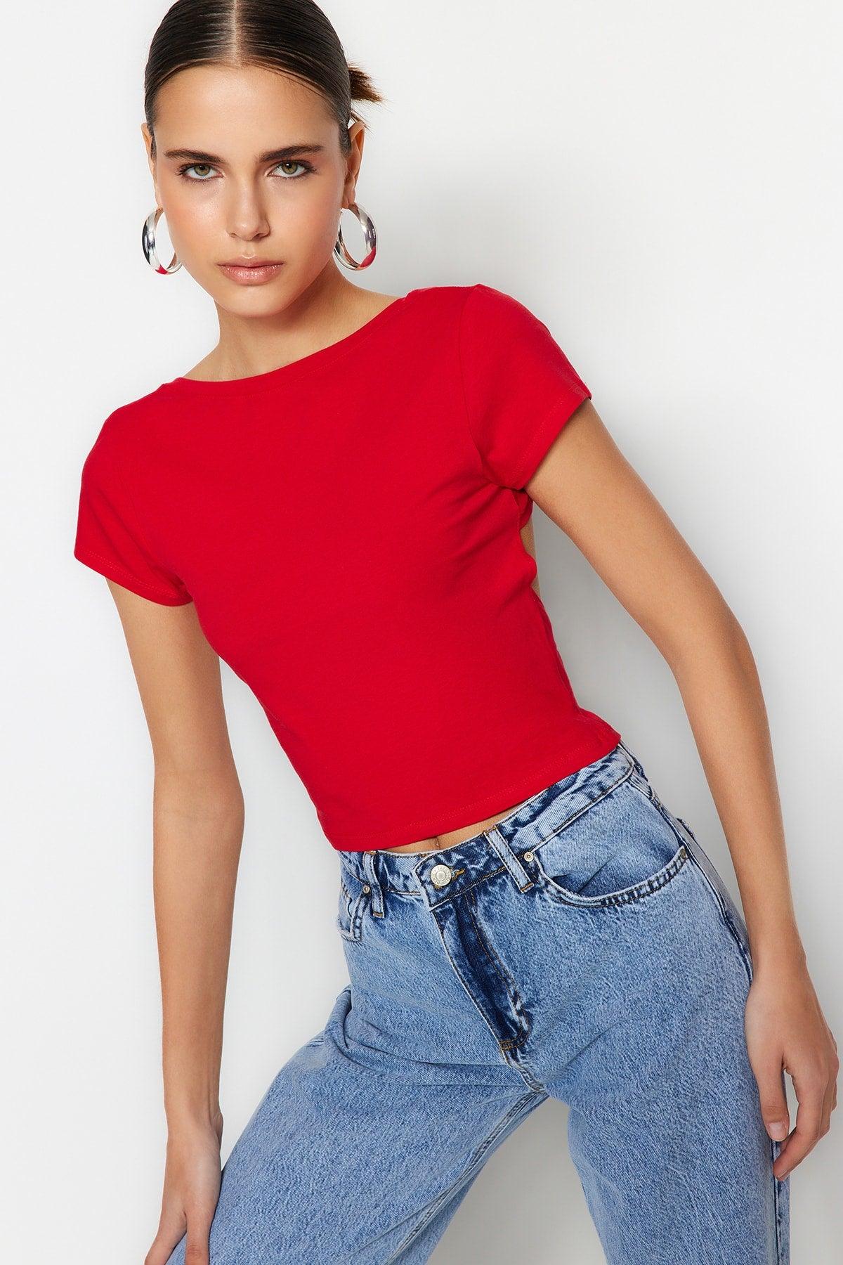 Red Low Back Crop Cotton Stretch Knitted Blouse TWOSS23BZ00912 - Swordslife