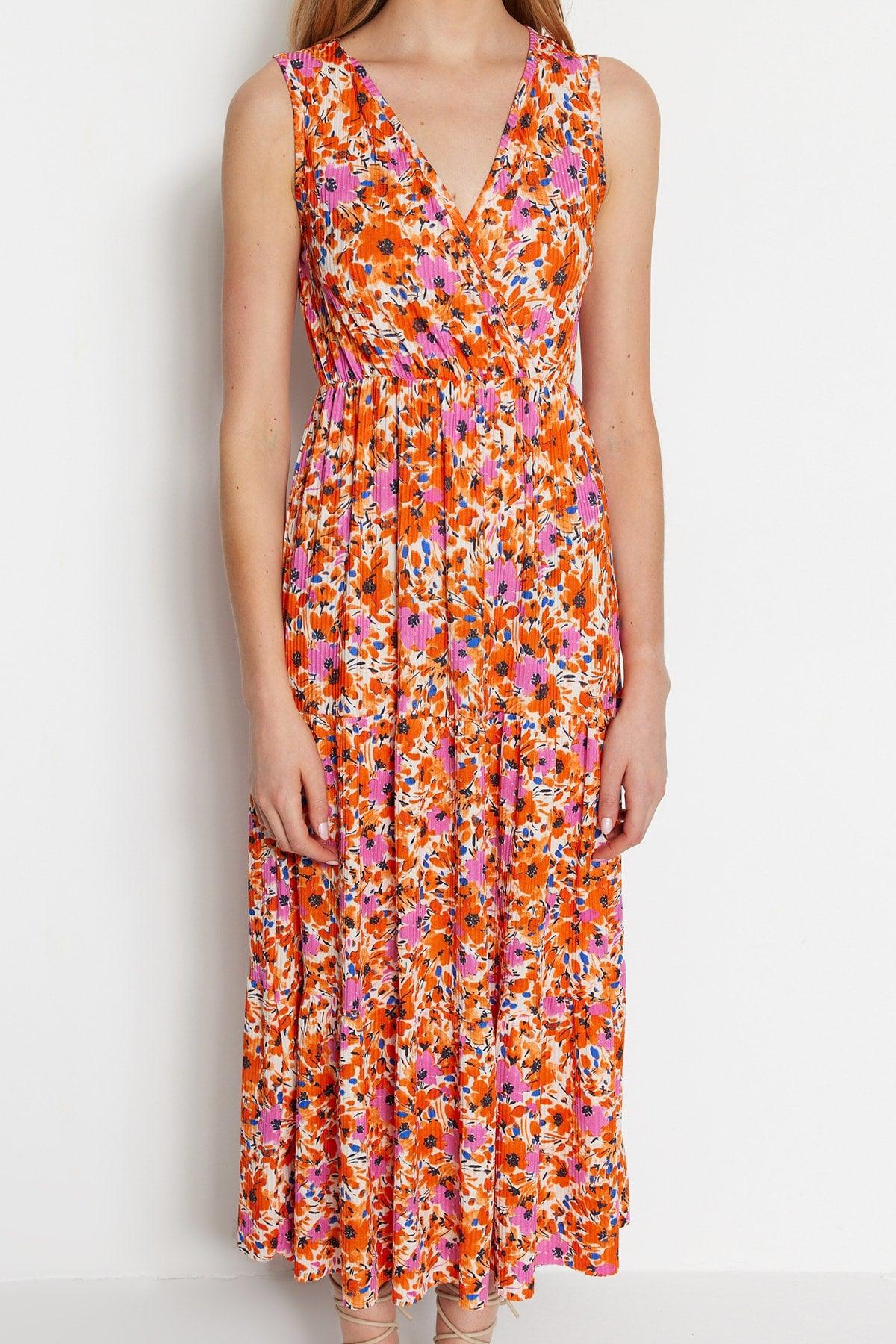 Orange Floral Pattern V Neck Sleeveless A-Line Maxi Knitted Dress TWOSS22EL1588 - Swordslife