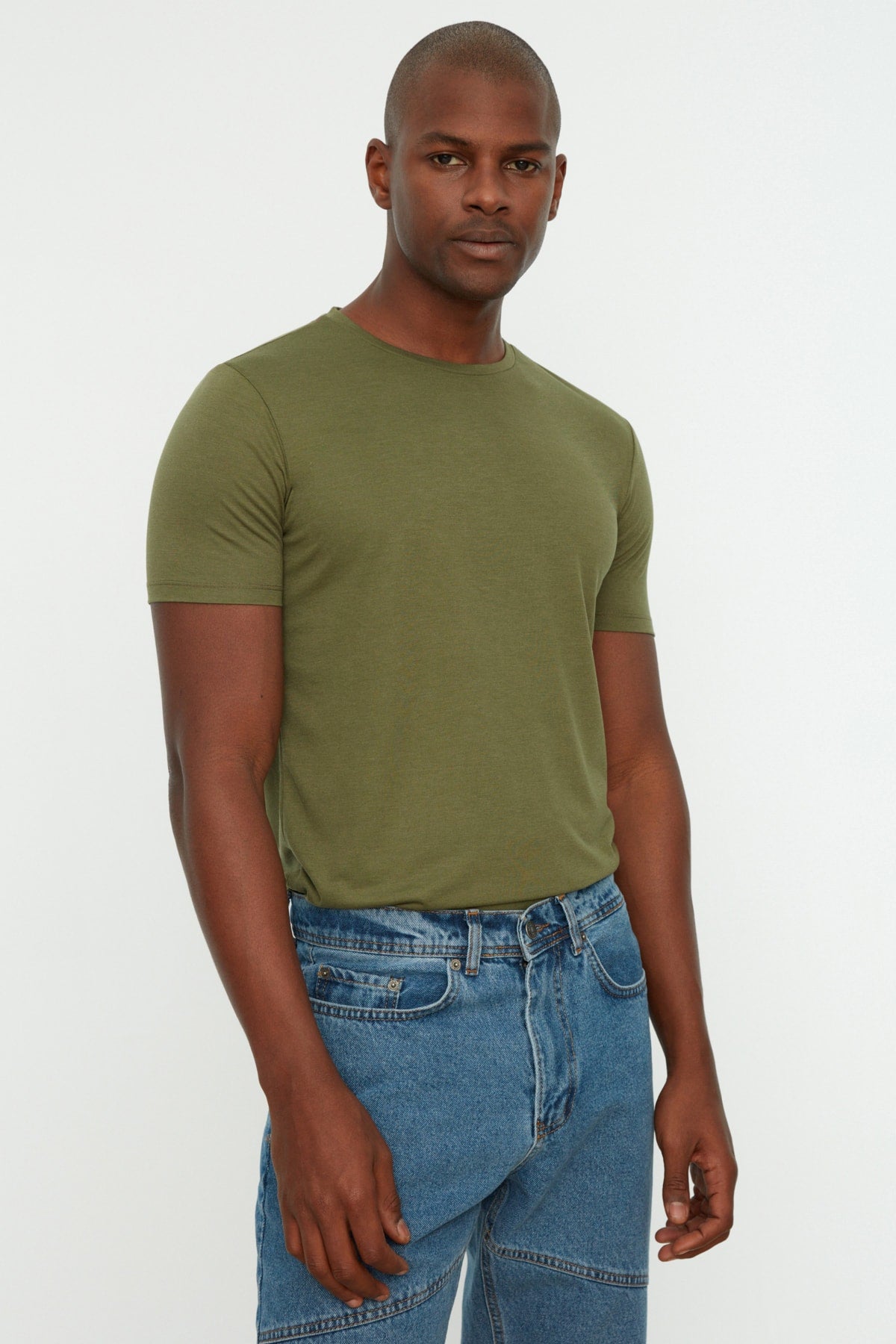 Khaki Men'S Basic Slim Crew Neck Short Sleeved T-Shirt Tmnss22Ts0270