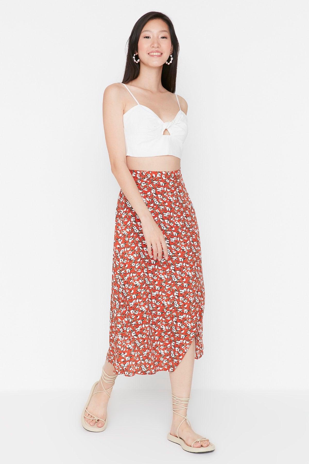 Tile Midi Woven Slit Detailed Viscose Fabric Floral Patterned Skirt TWOSS20ET0230 - Swordslife