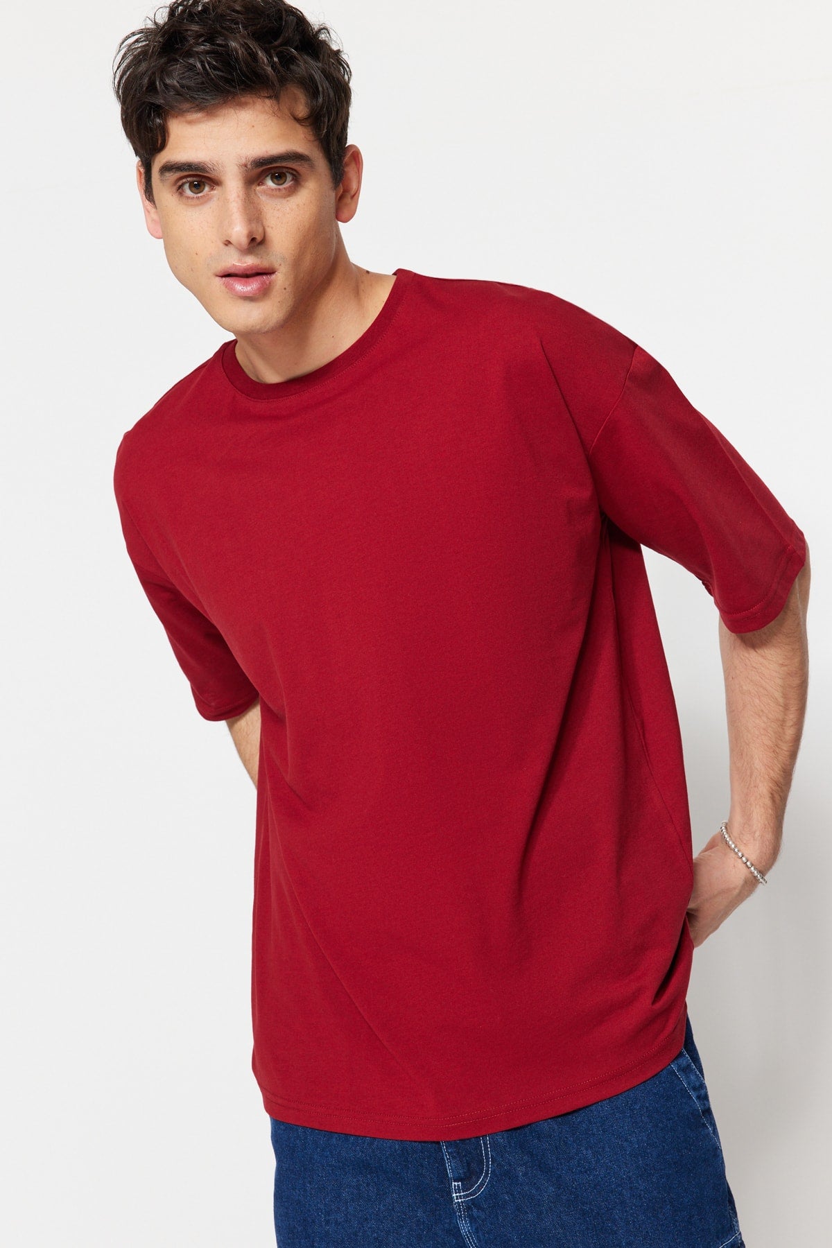 Claret Red Men'S Basic Crew Neck Oversize Short Sleeve T-Shirt Tmnss22Ts0317