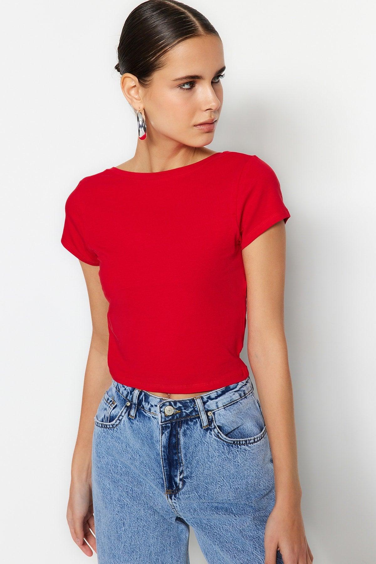 Red Low Back Crop Cotton Stretch Knitted Blouse TWOSS23BZ00912 - Swordslife