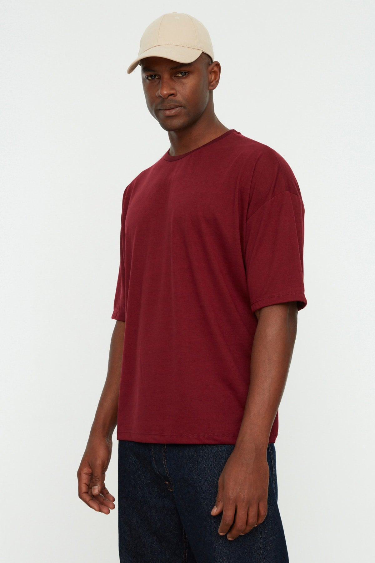 Claret Red Men's Basic Crew Neck Oversize Short Sleeve T-Shirt TMNSS22TS0300