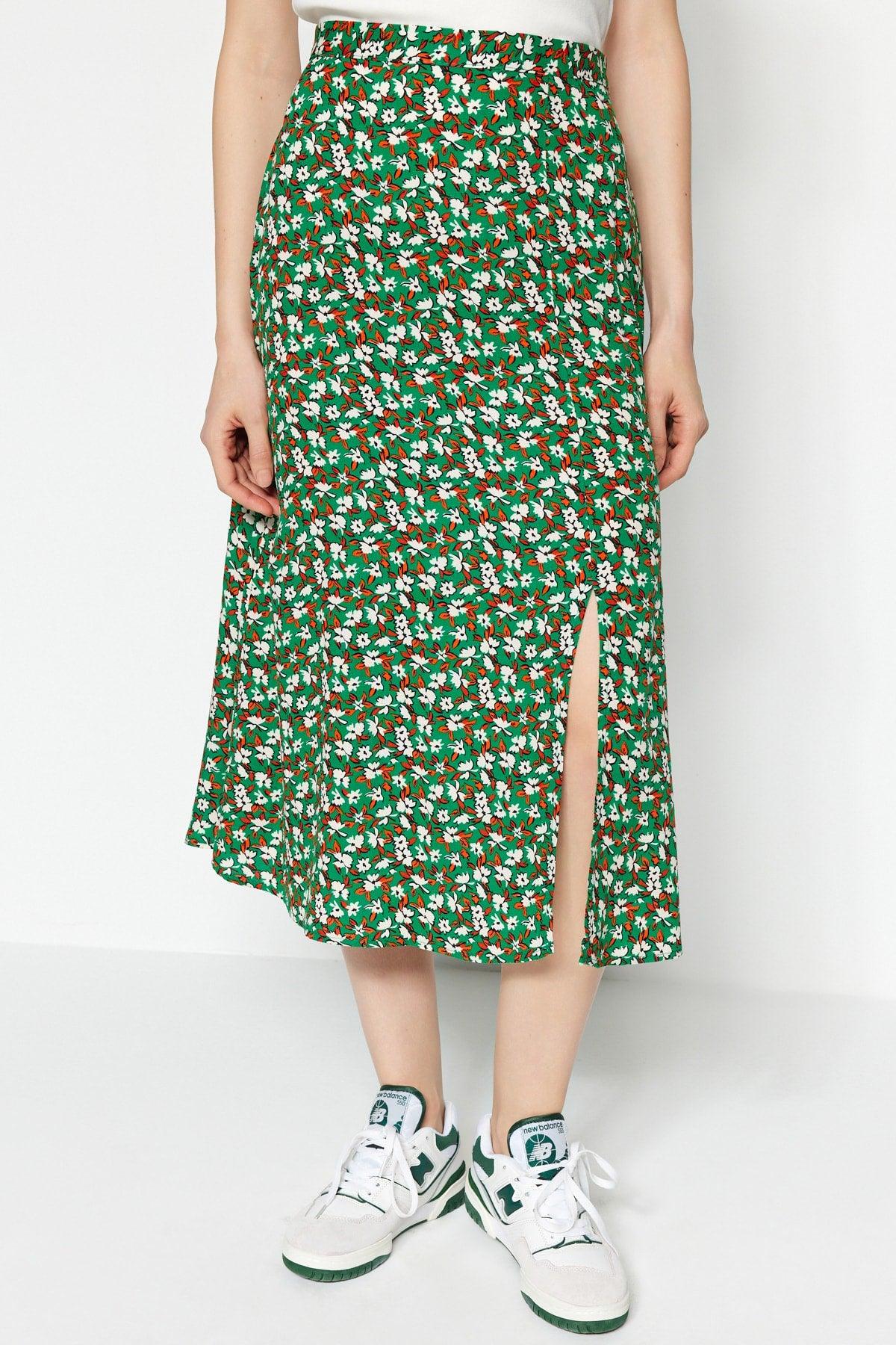 Dark Emerald Green Woven Slit Detailed Viscose Fabric Floral Patterned Skirt TWOSS20ET0230 - Swordslife