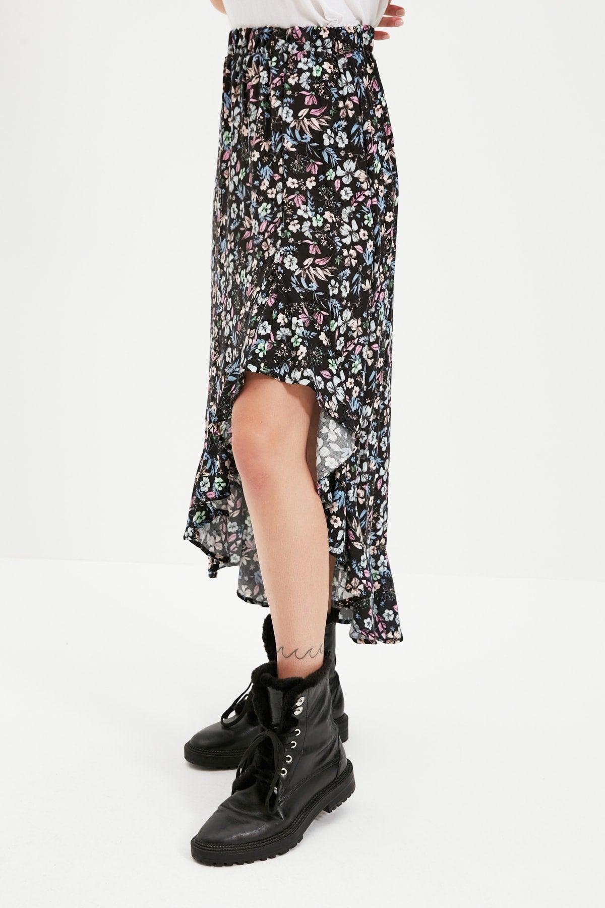 Purple Midi Woven Slit Detailed Asymmetrical Floral Patterned Skirt TWOSS20ET0166 - Swordslife