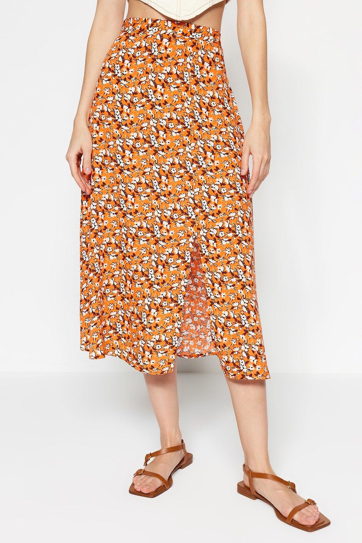 Orange Midi Woven Slit Detailed Viscose Fabric Floral Patterned Skirt TWOSS20ET0230 - Swordslife