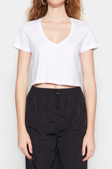 White 100% Cotton Single Jersey V Neck Crop Knitted T-Shirt - Swordslife