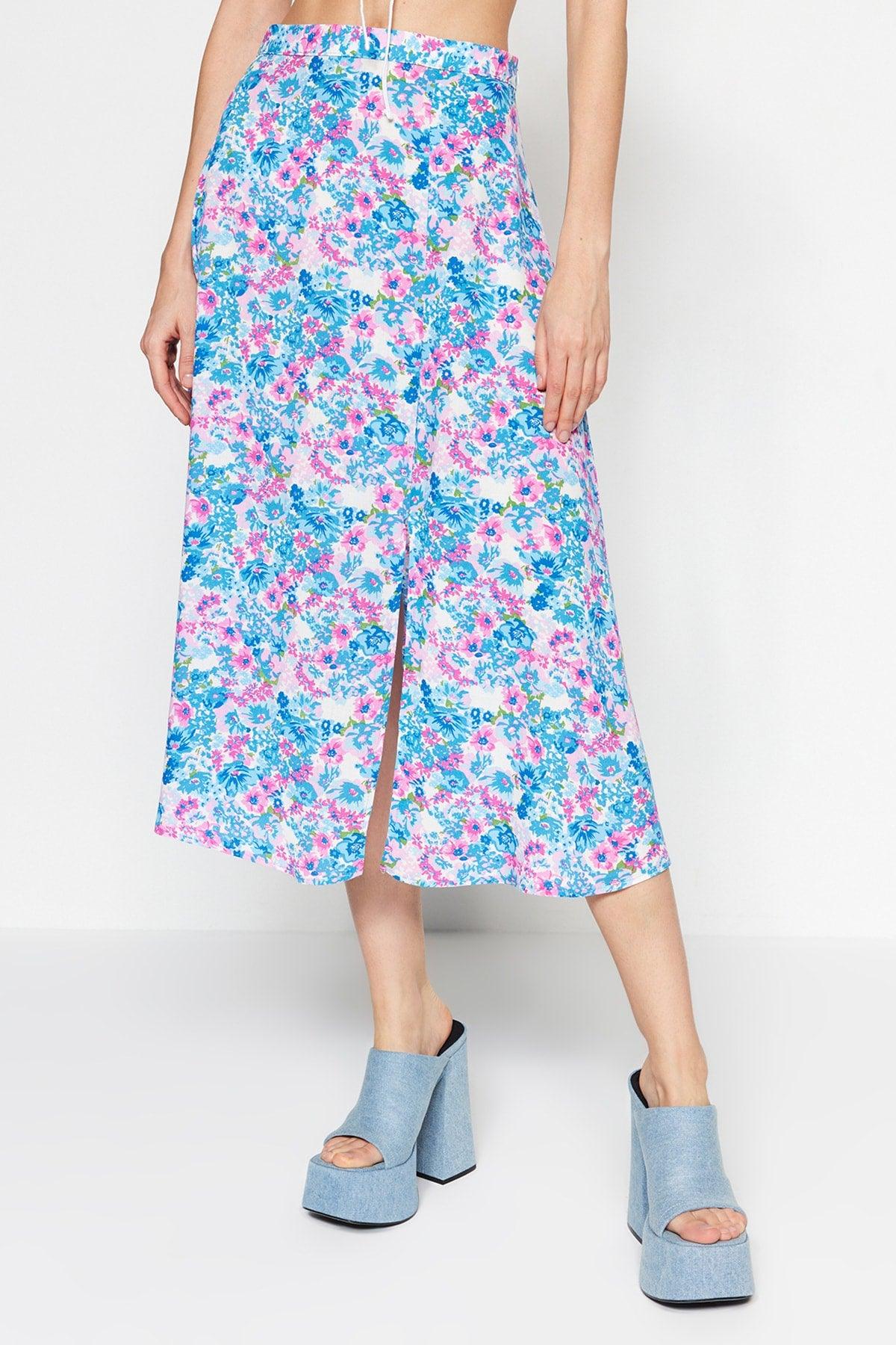 Indigo-Ecru Midi Woven Slit Detailed Viscose Fabric Floral Patterned Skirt TWOSS20ET0230 - Swordslife