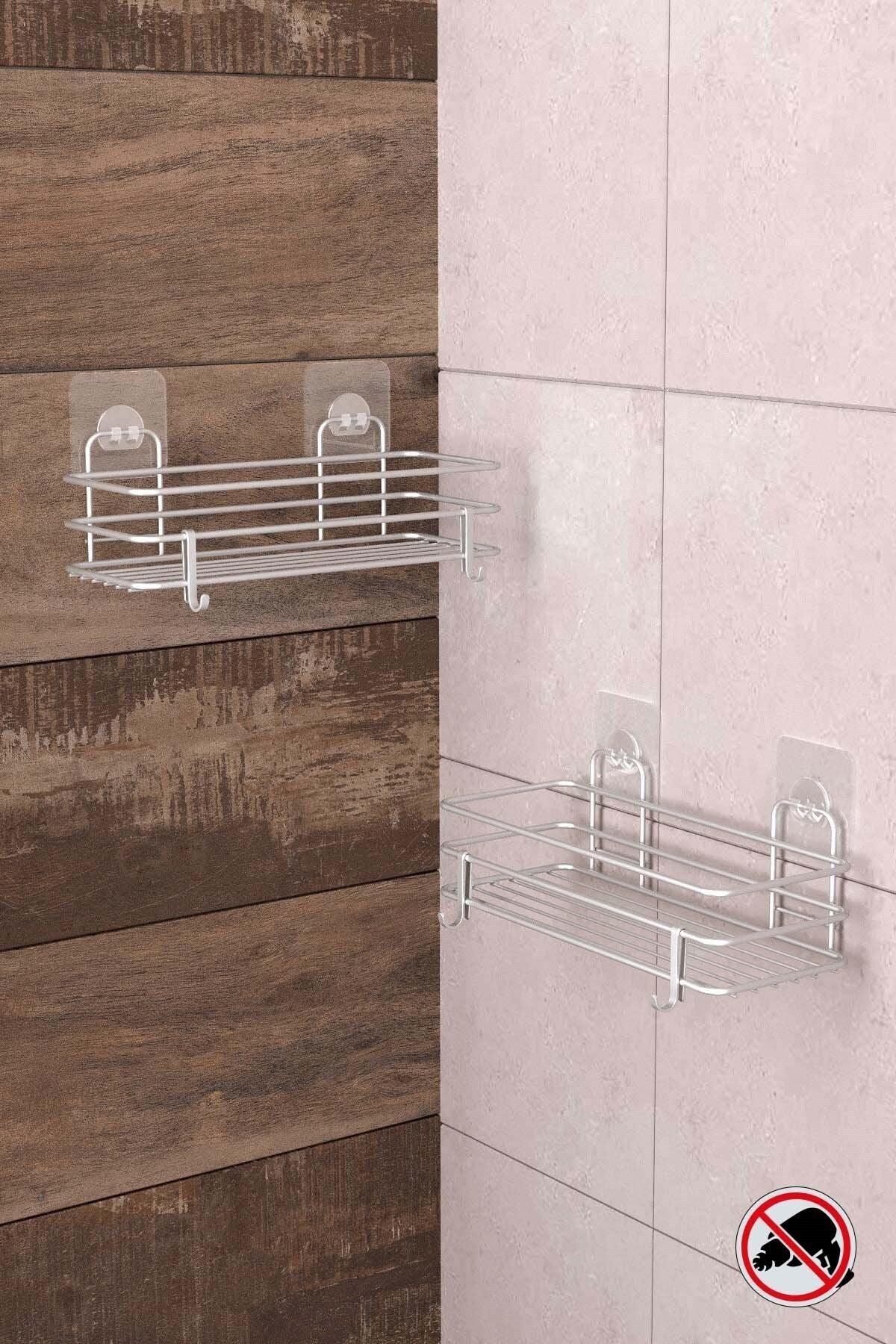 2 Pieces Bathroom Shelves with Adhesive Hooks Silver St217h - Swordslife