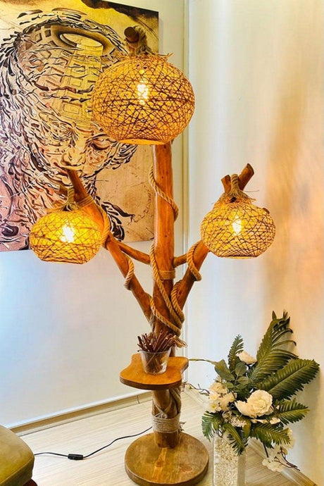 Wooden Floor Lamp 170-180 Cm Three Headed Halicarnassus Series Natural Wood Wooden Floor Lamp - Swordslife