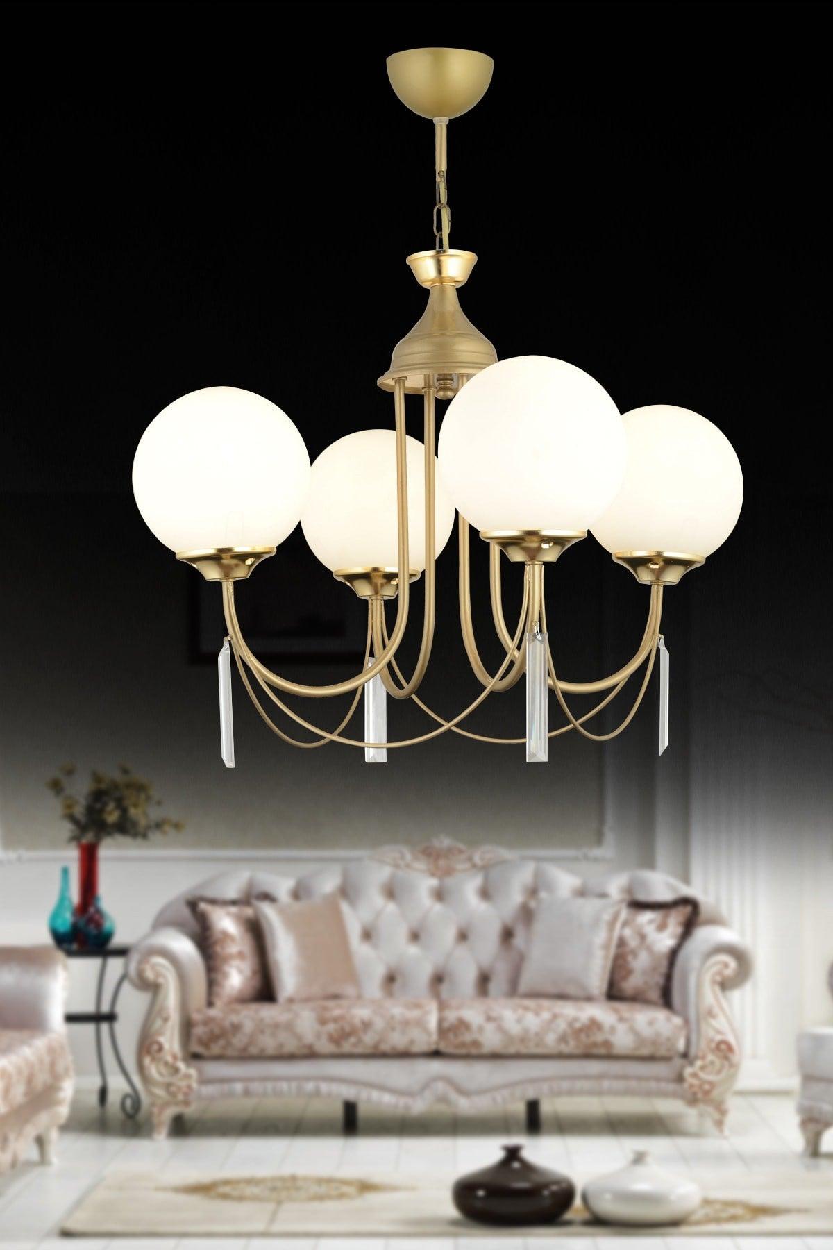 Antique Poppy 4 Piece White Ball Glass Luxury Upward Facing Crystal Stone Chandelier - Swordslife