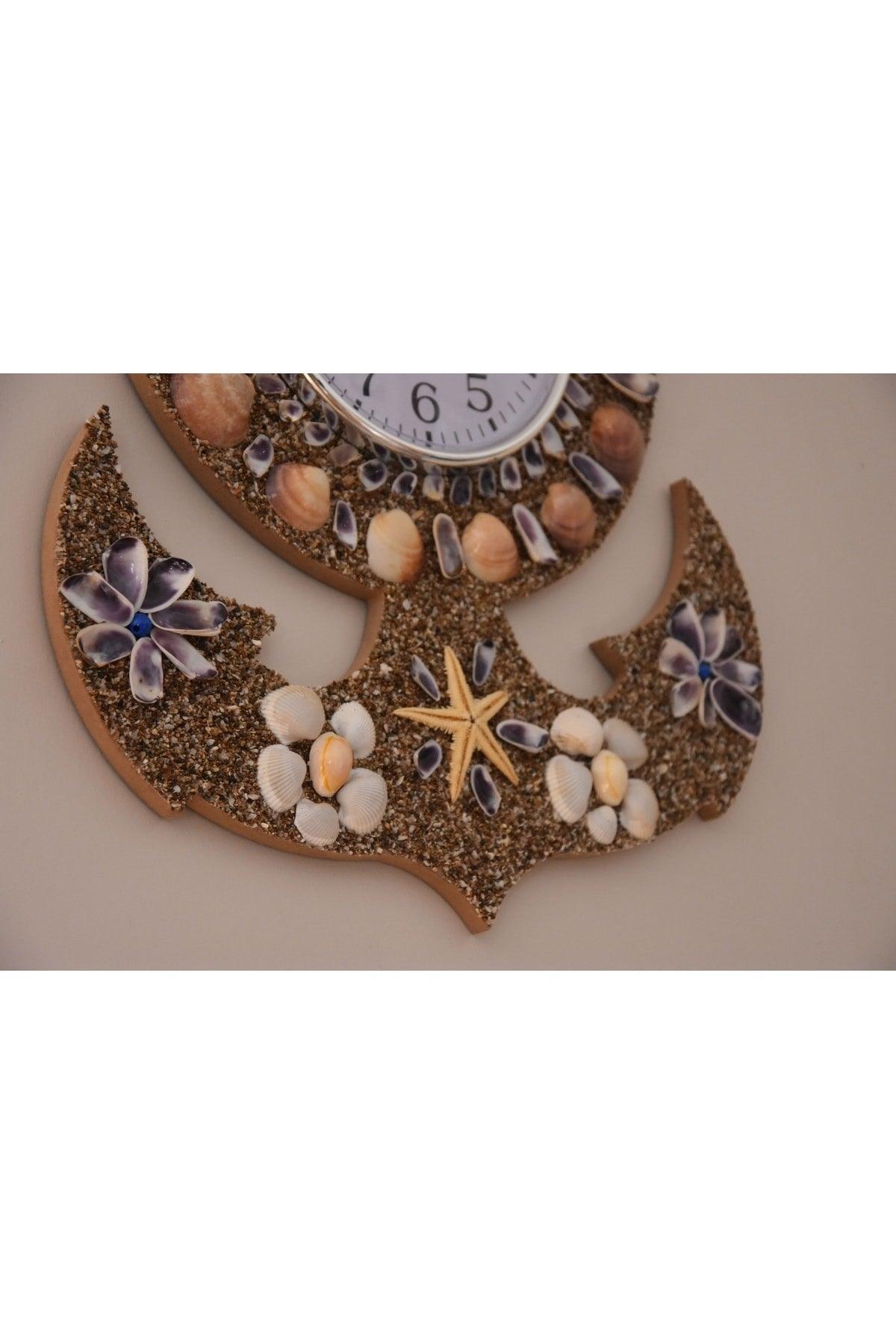 Wooden Wall Clock Anchor Model , Seashells Decorated Clock Quartz Silent Clock Mechanism Clock - Swordslife