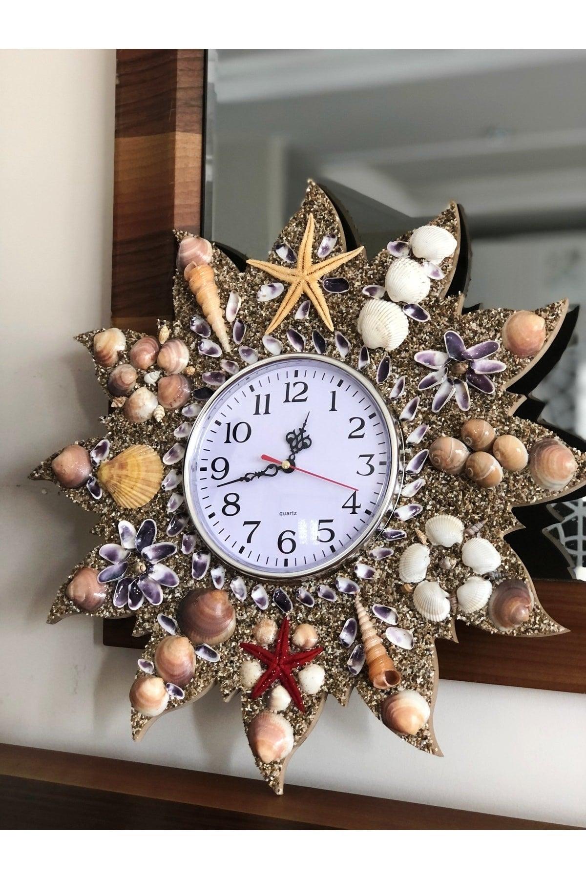 Wooden Wall Clock , Sea Shells Ornament Handmade Clock Quartz Brand Silent Clock Mechanism - Swordslife