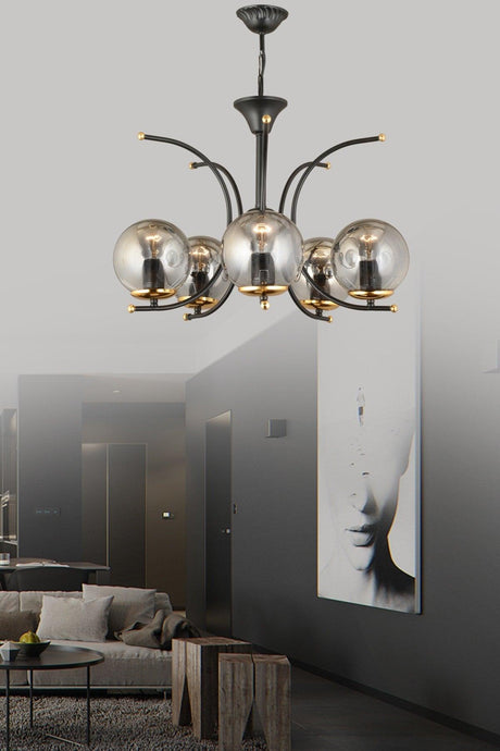 Bade Black 5 Piece Smoked Globe Glass Upward Facing Modern Luxury Chandelier - Swordslife