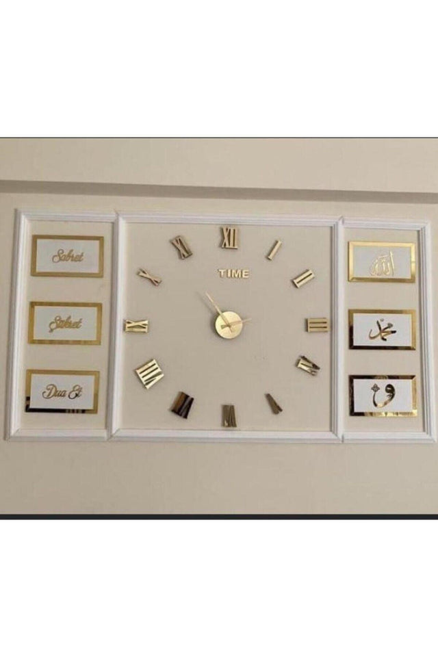 Gold Mirrored Plexi Clock And 6 Pieces of Patience, Gratitude, Pray Set Wall Panel - Swordslife