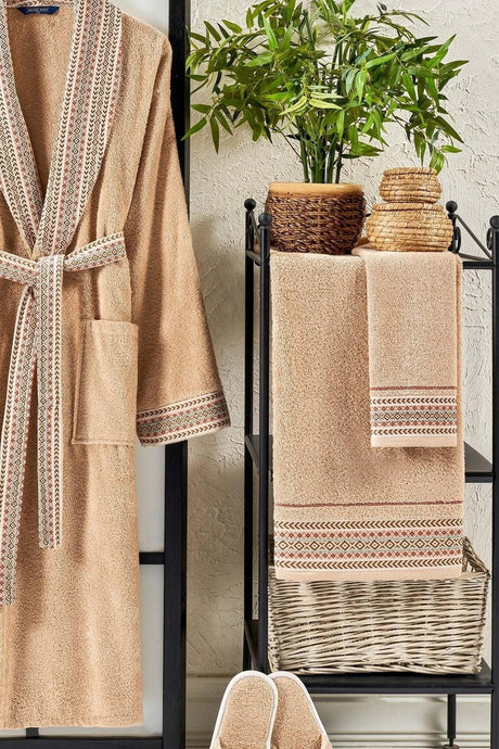 Ansaaj Jacquard 4 Piece Bathrobe Set Beige