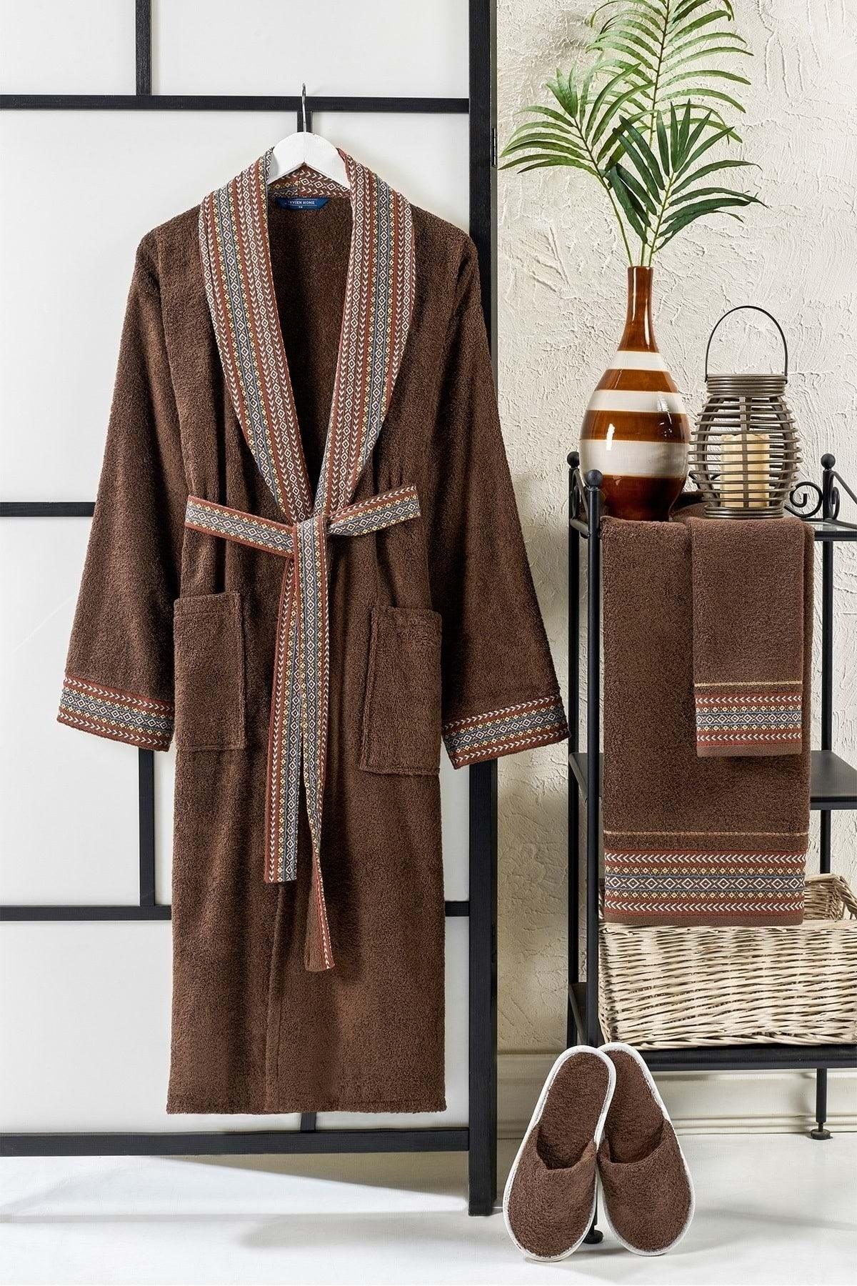 Ansaaj Jacquard 4 Piece Bathrobe Set Brown - Swordslife