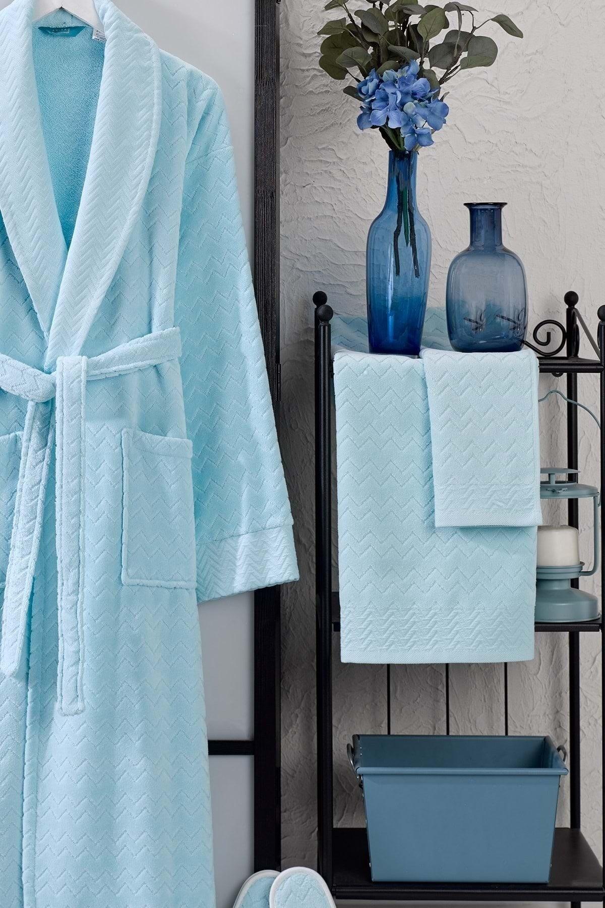 Ansaaj Velvet Jacquard 4 Piece Bathrobe Set Light Blue - Swordslife