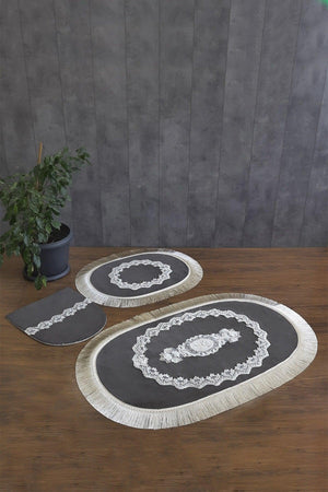 Anthracite Exclusive 3-Piece Oval Dowry Fringed French Lace Closet Set Bath Mat Set - Swordslife