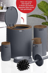 Anthracite Wooden Striped Round 5 Piece Bathroom Set - Swordslife