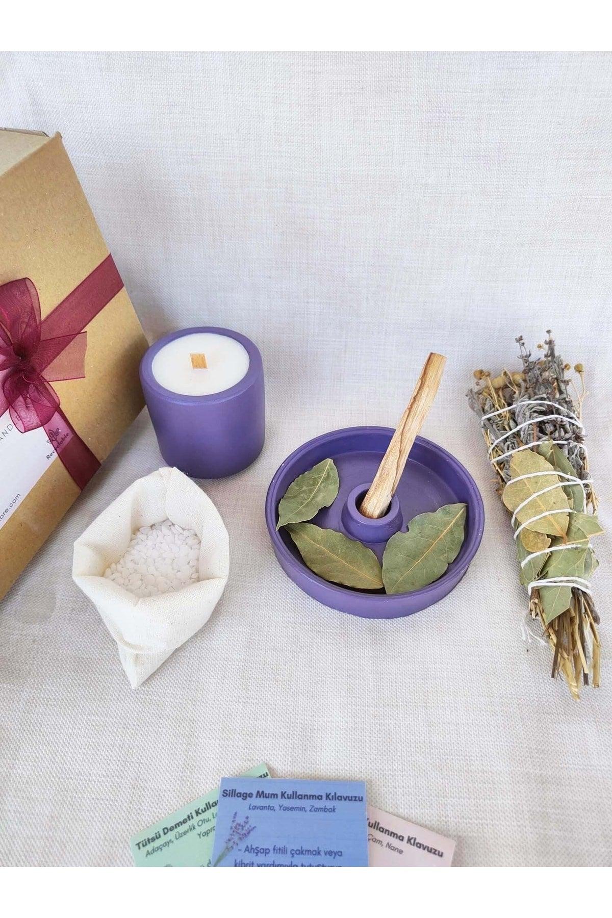 Purification Incense Holder Set Vegan Lavender Jasmine Lily Scented Soy Candle Palo Santo Sage Incense Set - Swordslife