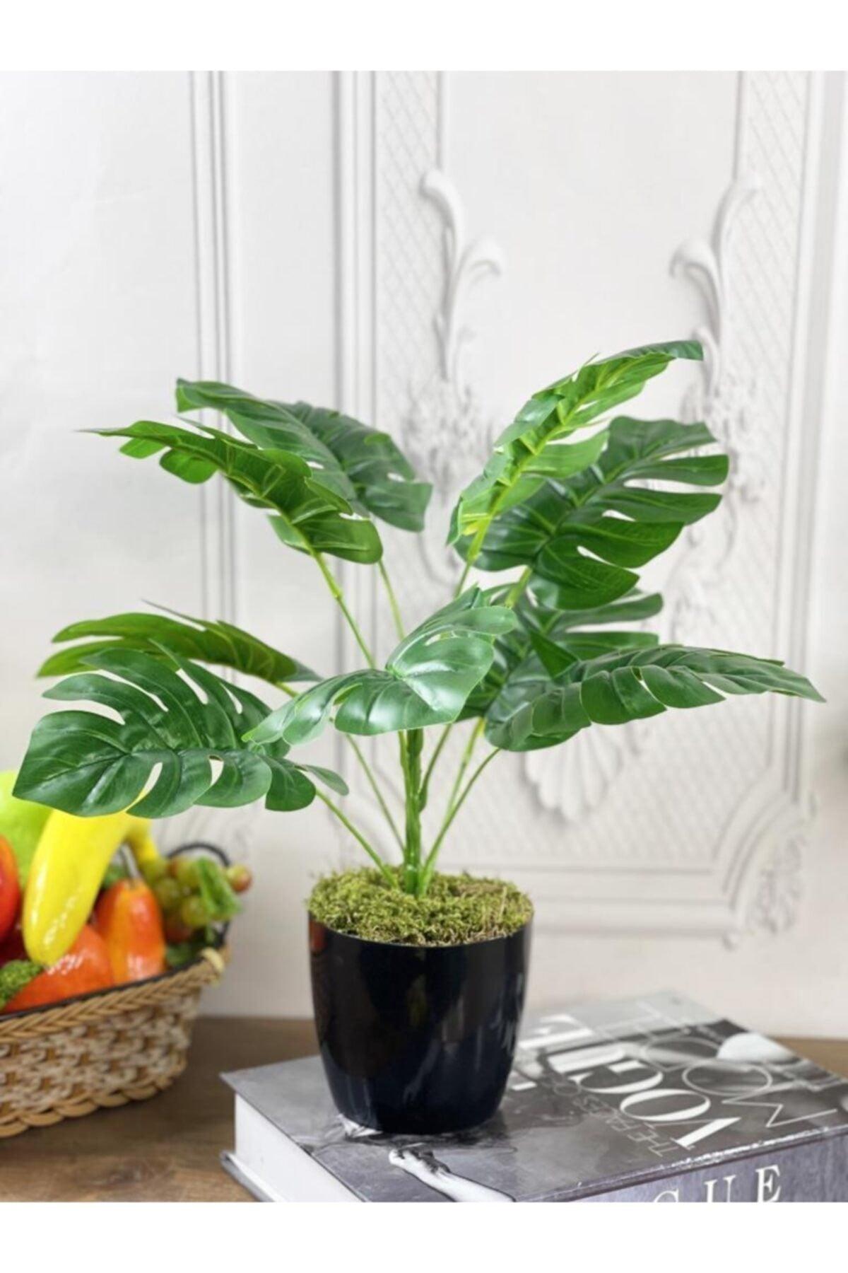 Artificial Flower Monstera 9 Branches Black Plastic Pot Camel Base Decorative Ornamental Flower - Swordslife