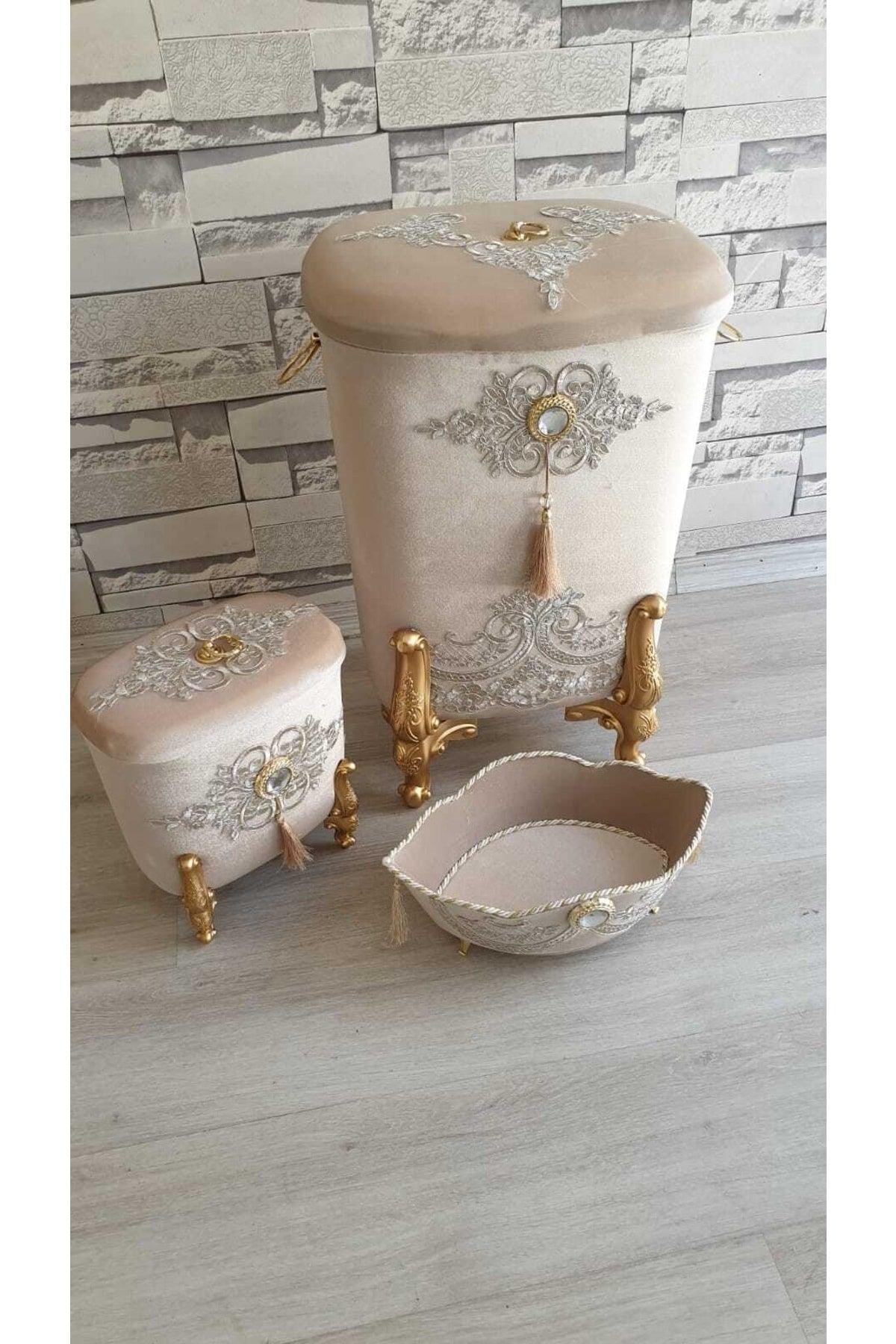 Asil Home Cornered 3 Piece Velvet Dowry Lacy Bathroom Dirty Laundry Basket Set - Swordslife