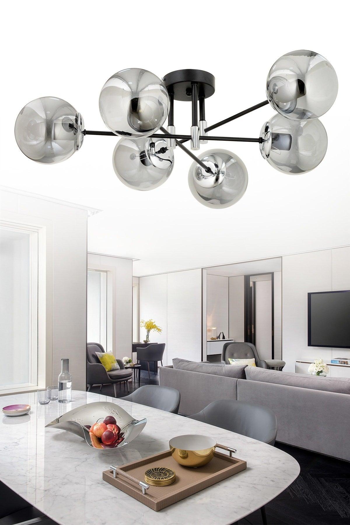 Asya 6 Modern Smoked Globe Glass Plafonier Chandelier - Swordslife