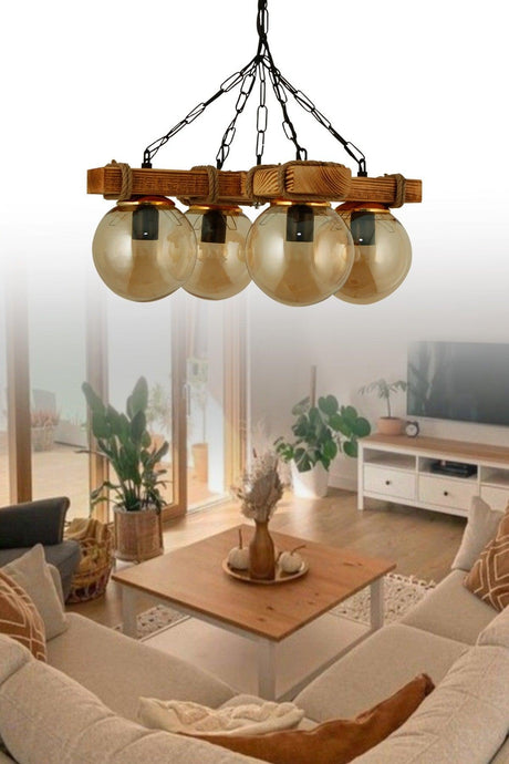 Authentic Wooden Quadruple Yellow Globe Glass Chandelier - Swordslife