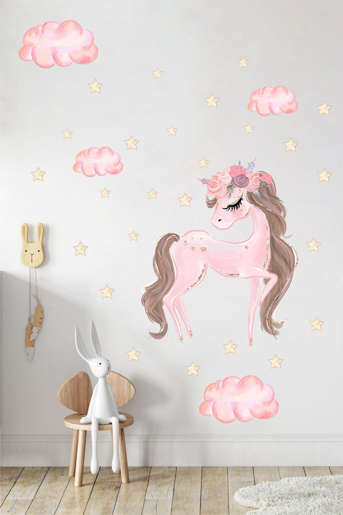 Aves Unicorn And Stars Kids Baby Room Sticker Set Wall Sticker Foil Adhesive - Swordslife