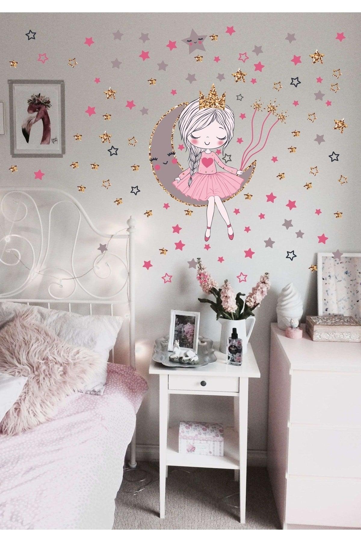 Cute Girl Sitting On The Moon Wall Sticker Set For Kids Room - Swordslife