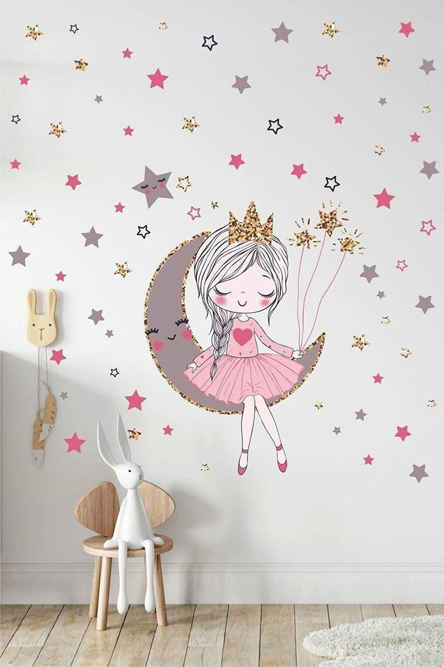 Cute Girl Sitting on the Moon and 140 Pieces Star Mega Set Kids Room Wall Sticker Set. - Swordslife