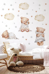 Baby Kinderzimmer Wandaufkleber Set - Sleepy Bears, Sterne, Punkte und Wolken Thema - Swordslife