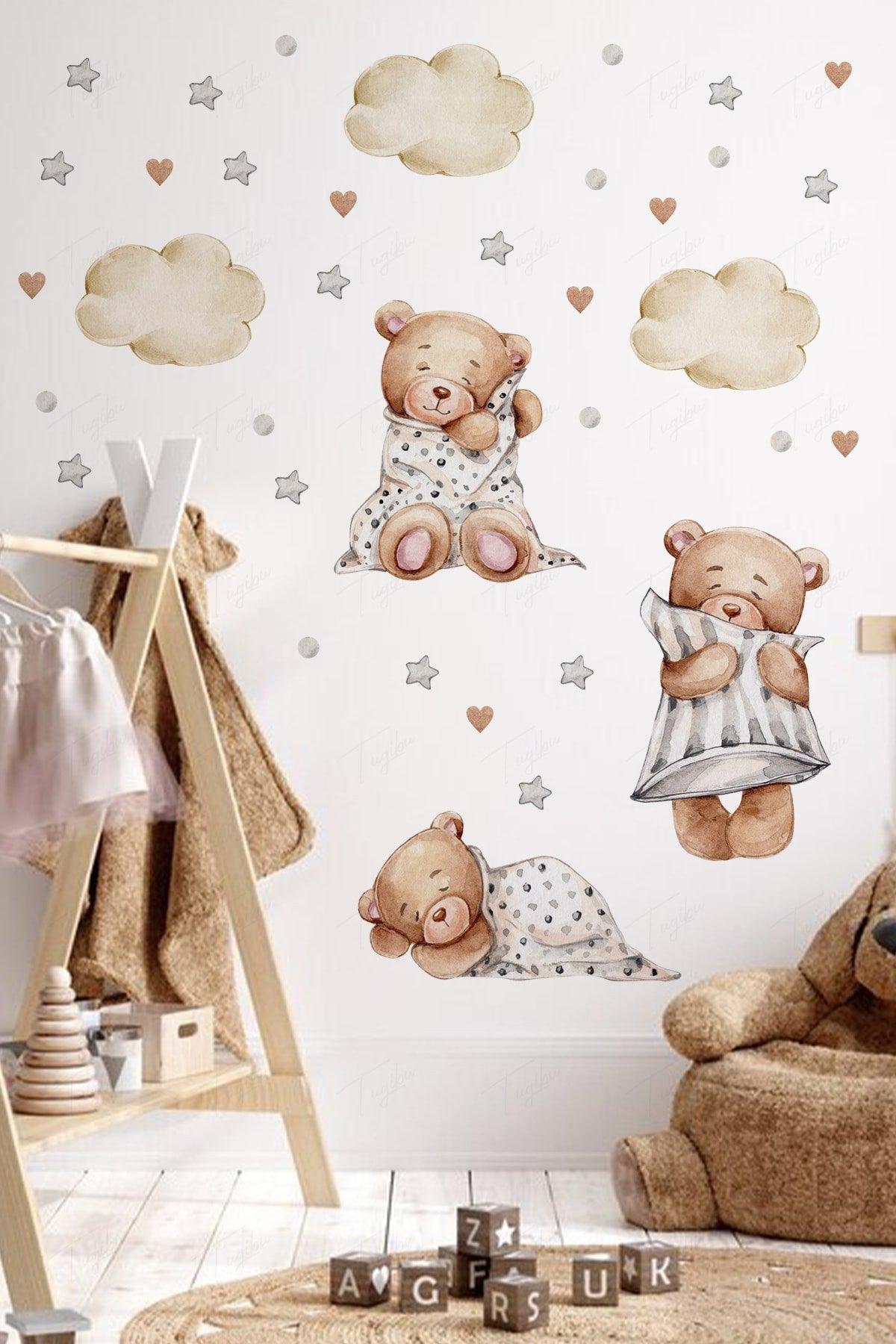 Baby Kinderzimmer Wandaufkleber Set - Sleepy Bears, Sterne, Punkte und Wolken Thema - Swordslife