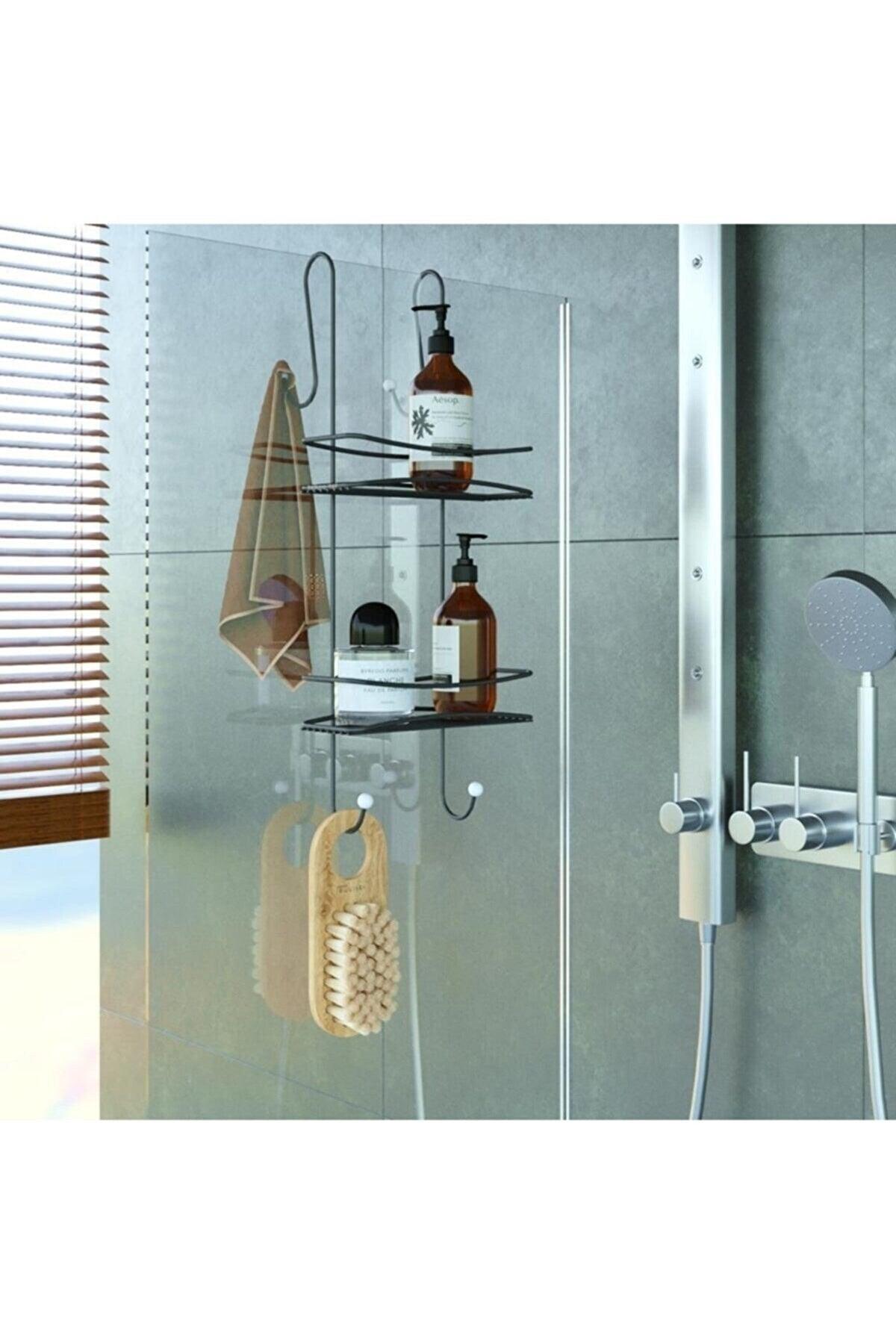 Badezimmer Zubehör Set mit 4 Schwarz, Edelstahl Duschkabine Hanger Duschkabine Shampoo Schwarz D-3 - Swordslife