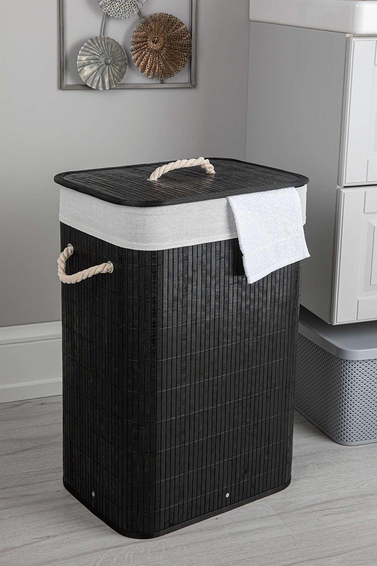 Bamboo Collapsible Black Laundry Basket