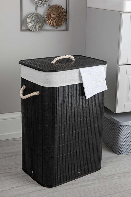 Bamboo Collapsible Black Laundry Basket